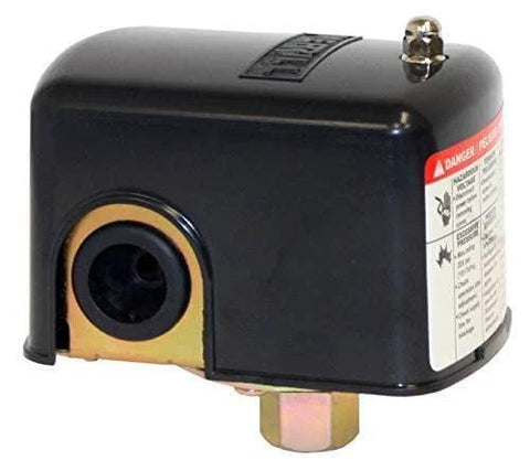 Merrill MPS4060 pressure switch, front view, black metal housing with brass 1/4" NPT port.
