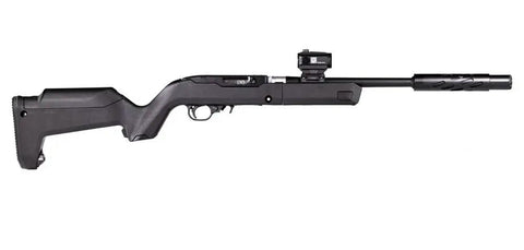 Barrel Mounted Optic Rail For X-22 Backpacker Stock, Retains Zero Between Takedowns shown on rifle with red dot sight