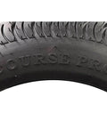 Close-up of Course Pro 205-50-10 Golf Cart Tires 4-Ply Tubeless Street Style Tread, showing brand logo and tread pattern.