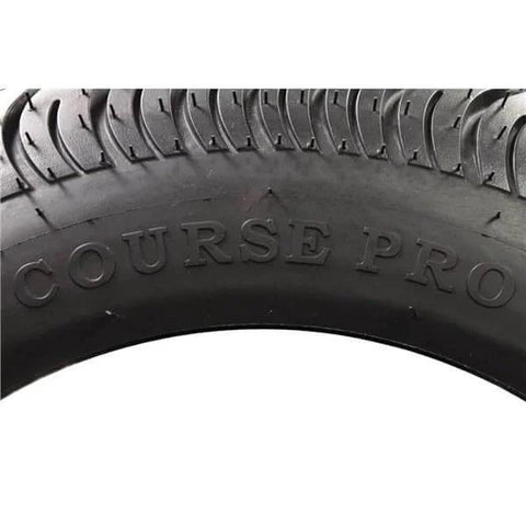 Close-up of Course Pro 205-50-10 Golf Cart Tires 4-Ply Tubeless Street Style Tread, showing brand logo and tread pattern.