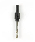 Hole saw arbor with adapter, 3/8-inch shank, black body and silver drill bit, front view