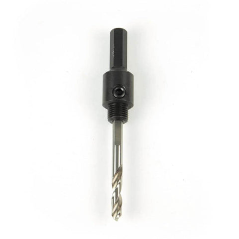 Hole saw arbor with adapter, 3/8-inch shank, black body and silver drill bit, front view