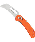 Hawkbill Pocket Knife With Stainless Steel Blade For Cable Skinning And Line Work Ambidextrous Bar Lock Orange Handle Side View