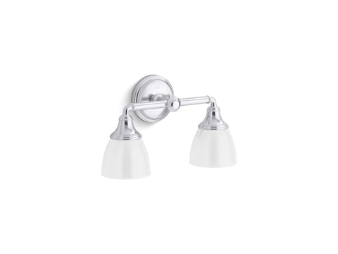 Devonshire Two Light Vanity Wall Sconce In Polished Chrome With Frosted Glass Shades UL Listed For Damp Locations Can Mount Up Or Down