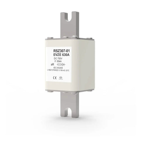 Top Shelf High Voltage DC Fuse With Silver Housing Rated At 750V And 400A 500A 630A For EV Chargers And Solar Arrays shown in profile, 630A size.
