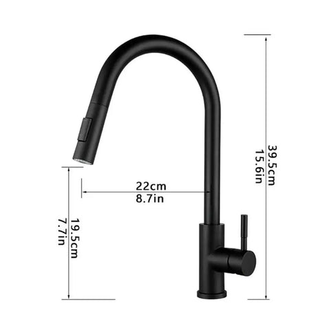 Black Pull Out Deck Mounted Flexible Hot Cold Stream Shower Modes Nozzle Faucet with dimensions 39.5cm height and 22cm reach.