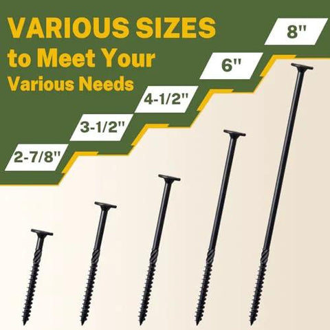 LIONMAX wood lag screws assortment, 5 sizes: 2-7/8, 3-1/2, 4-1/2, 6, 8 in black rust-resistant coating.