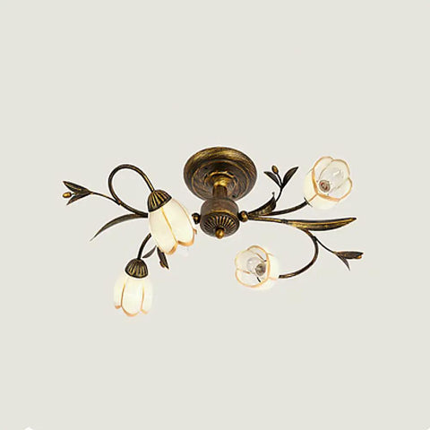 Farmhouse Wrought Iron 4 Light Chandelier In Bronze Finish, Rustic Flower Style Ceiling Fixture With Frosted Glass Shade