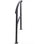 Rock Solid Wrought Iron Handrail For Outdoor Steps, Black Metal Stair Railing with curved grip and mounting details.