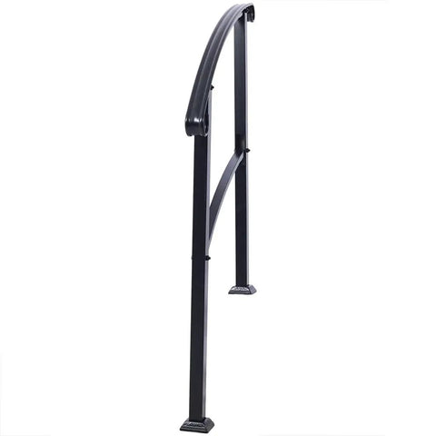 Rock Solid Wrought Iron Handrail For Outdoor Steps, Black Metal Stair Railing with curved grip and mounting details.