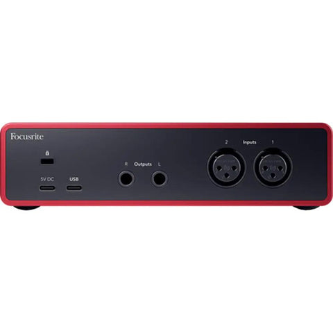 Back view of Scarlett 2i2 USB-C Audio Interface 4th Gen Bundle With Polsen HPC-A30 Studio Monitor Headphones Pop Filter And XLR Cable.