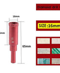 Diamond drill bit, 16mm diameter, red hollow-core hole saw for tile, glass, marble, ceramic.