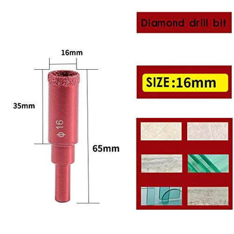 Diamond drill bit, 16mm diameter, red hollow-core hole saw for tile, glass, marble, ceramic.