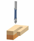 Router bit, 1/4 in. x 3/4 in., HSS 1-flute pilot panel straight bit; blue shank above a wooden block with a slot