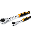 Two Piece 1/4 And 3/8 Inch Drive 72 Tooth Dual Material Roto Ratchet Set With 360 Rotating Head, cushioned comfort grip on white background