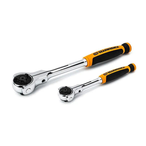 Two Piece 1/4 And 3/8 Inch Drive 72 Tooth Dual Material Roto Ratchet Set With 360 Rotating Head, cushioned comfort grip on white background