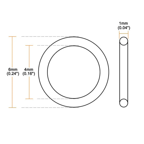 Diagram showing dimensions of Silicone O Ring Set 6mm OD 4mm ID 1mm Width Red VMQ seals gaskets for travel mugs and cup lids.