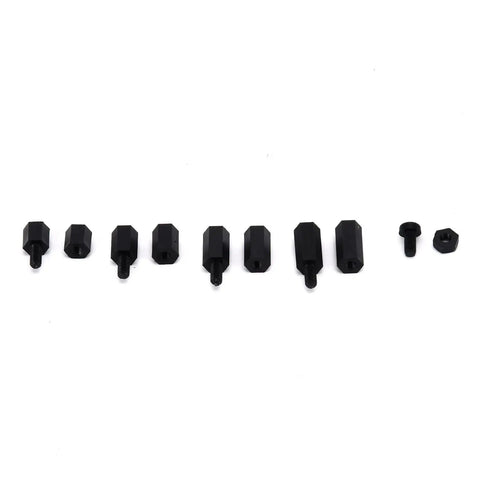 M3 Nylon Hex Standoff Screw Nut Kit 180 Piece Assortment showing assorted black spacers and screws for circuit board use.