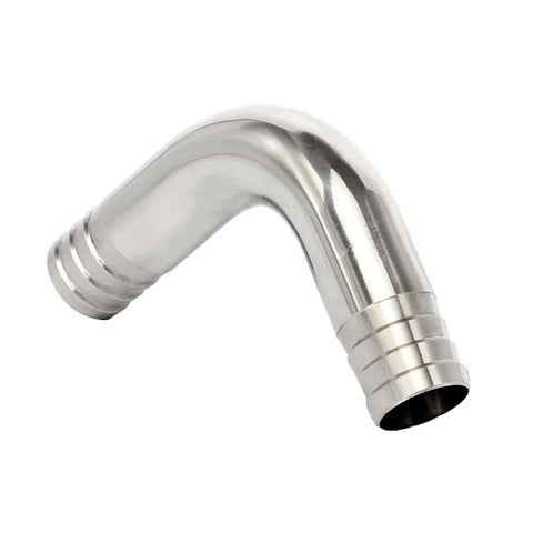 Side view of a 304 stainless steel sanitary hose barb elbow with 1-1/4 in barbs, 90-degree fitting
