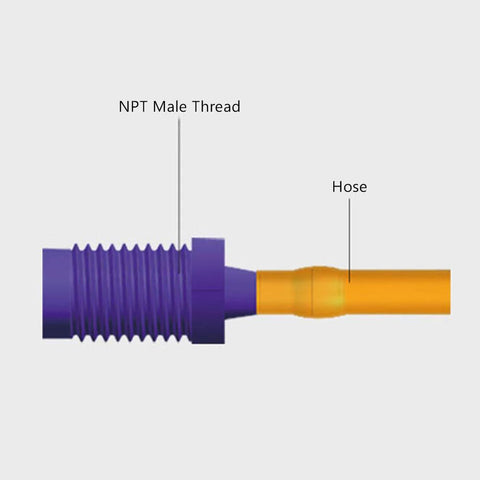 Side view of plastic hose barb fitting with 1/4-inch barb to 1/4-inch NPT male thread; purple body with orange hose.