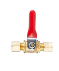 Brass ball valve with red handle, front view, 1/4 in. compression x 1/4 in. compression fittings