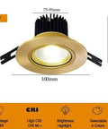 9-Pack of 3-Inch Brass LED Recessed Lights, Round Retrofit Ceiling Fixtures with Lush Gold Trim, Flat Baffle Spotlights for Effortless Ceiling Conversion, Energy-Efficient Indoors That Deliver Killer Warmth and Top-Shelf Style Awaits Your Home showing gold-trimmed recessed light with dimensions labeled.