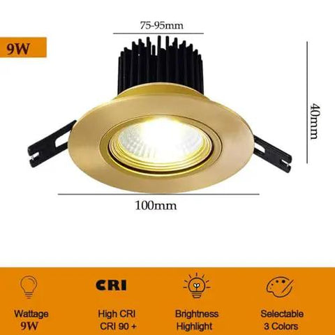 9-Pack of 3-Inch Brass LED Recessed Lights, Round Retrofit Ceiling Fixtures with Lush Gold Trim, Flat Baffle Spotlights for Effortless Ceiling Conversion, Energy-Efficient Indoors That Deliver Killer Warmth and Top-Shelf Style Awaits Your Home showing gold-trimmed recessed light with dimensions labeled.