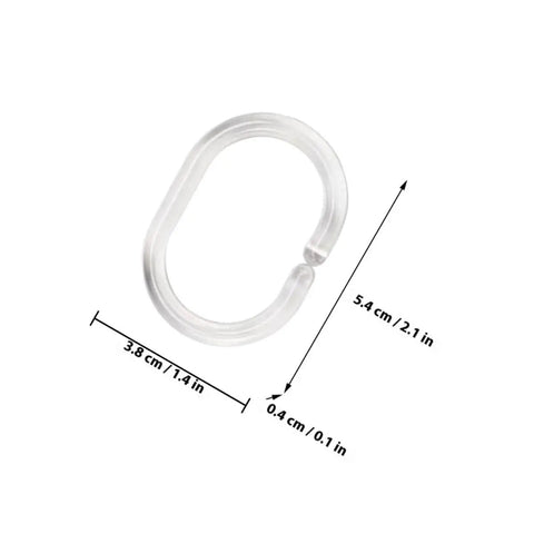 Transparent hook from 48 Pack Plastic Shower Curtain Hooks For Bathroom Rods, Smooth Glide Curtain Hangers, with measurements.