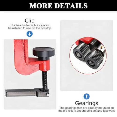Close-up of the 7 Inch Manual Sheet Metal Bead Roller With 6 Die Sets for edge beading, showing the clip and gearings.