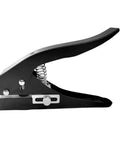 Side view of black hand held 12mm Circle Hole Punch For ID Cards And PVC Badges with adjustable feed mechanism.