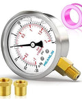 Front view: MEANLIN 2.5 inch stainless steel vacuum/pressure gauge with 1/4 inch NPT inlet and brass adapters