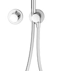 Sleek Recessed Shower System With Thermostatic Control And Anti Scald Safety Lock Chrome Plated Finish Integrated Diverter Valve Round Rain Heads installation view with overhead shower head and handheld sprayer.