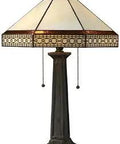 Stone Filigree 2 Light Table Lamp With Tiffany Glass Shade For Cozy Living Room Vibe, 16 Inch Wide By 24 Inch High, Tiffany Bronze Finish