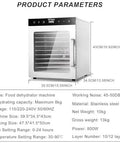 Heavy Duty No Nonsense 10 Layer Food Dehydrator And Compact Freeze Dryer With Adjustable Heat And Timed Cycling For Jerky Fruits Vegetables Meat Stainless Steel kitchen appliance with stainless steel trays and dimensions.