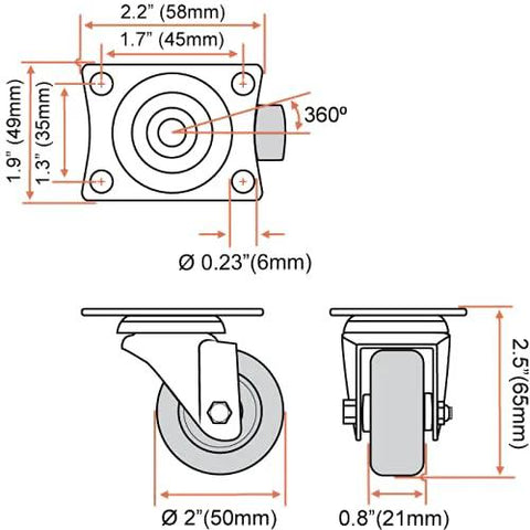 Technical diagram showing dimensions of 24 Pack 2 Inch Swivel Caster Wheels With Hard Rubber Base Top Plate And Bearing, 85 Lbs Per Caster Load Capacity.
