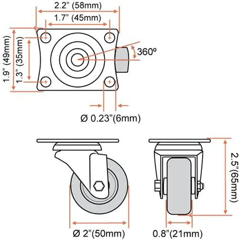24 Pack 2 Inch Hard Rubber Swivel Caster Wheels With Top Plate Sealed Bearings Heavy Duty Rock Solid Locking Brake Smooth Sailing Heavy Hauler Cart Kit 65 Lb Capacity Shop technical drawing dimensions.