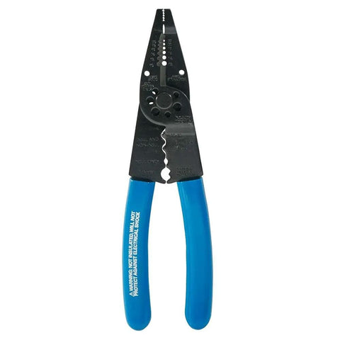 8 Inch Long Nose Wire Cutter Multi Tool With Wire Stripper And Crimper For Electricians, blue handles, black metal construction
