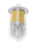 Close-up of Three Eighth Inch Universal Inline Fuel Filter Kit For Gas Lines, clear casing with 3/8 inch fitting, industrial grade