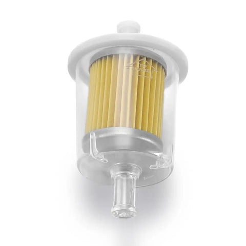 Close-up of Three Eighth Inch Universal Inline Fuel Filter Kit For Gas Lines, clear casing with 3/8 inch fitting, industrial grade