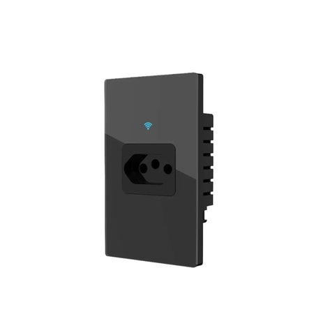 Smart WiFi Wall Socket with Black Glass Touch Panel and 20A Power Monitor with Brazilian outlet for high load demands.