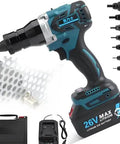 Heavy Duty Cordless Rivet Nut Gun With M3 To M12 Insertion Heads And 26V 5200Mah Rechargeable Battery Two Pack showing tool and battery.