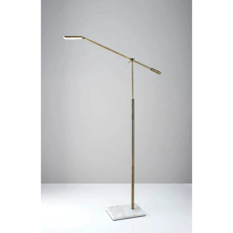 Vera LED Floor Lamp With Adjustable Height 46.5 To 61 Inches, antique brass finish and marble base, sleek industrial design