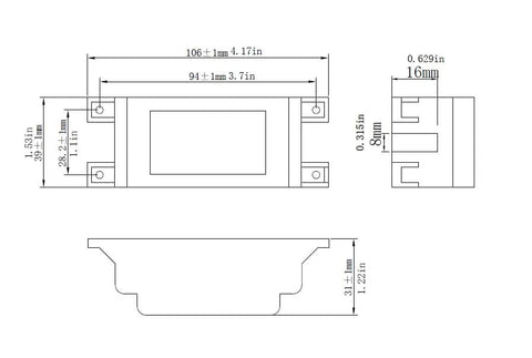 Technical diagram of 24V DC 1A LED Power Supply, 24W Constant-Voltage Transformer, dimensions and design layout.