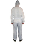 Fresh White Nylon Spray Paint Coveralls With Kickback Ready Lint Free Construction And Lowkey Comfortable Fit For Auto Body Shop Refinishing Industrial Painter Wardrobe And Serious Overspray Defense, back view showing hood and elastic waist.