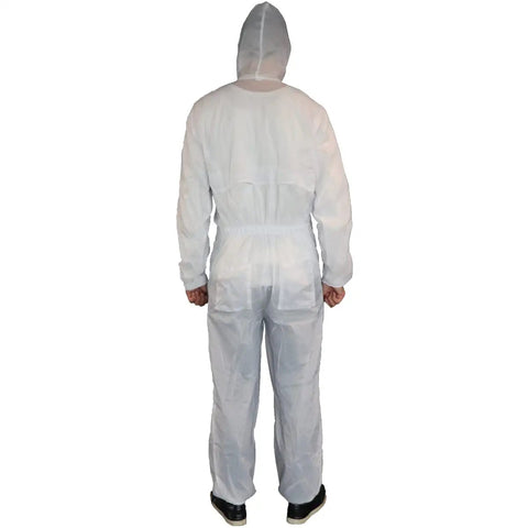 Fresh White Nylon Spray Paint Coveralls With Kickback Ready Lint Free Construction And Lowkey Comfortable Fit For Auto Body Shop Refinishing Industrial Painter Wardrobe And Serious Overspray Defense, back view showing hood and elastic waist.
