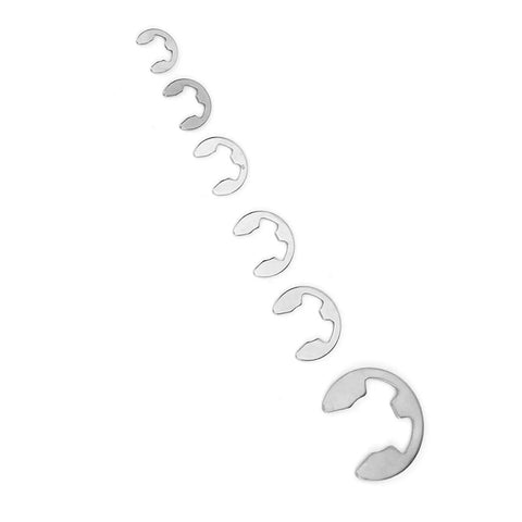 Stainless Steel E Clip Set 300 Pcs Assortment Kit M One Point Two Through M Fifteen with varied sizes on white background