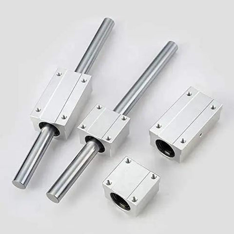 4 Pack SCS Linear Motion Ball Slide Guides UU And LUU For CNC Routers And 3D Printers, Pro Grade Bearing Blocks And Rails, Beefed Up Precision And Smooth, Quiet Movement, Includes SCS6UU Through SCS20LUU Models. Four aluminum linear rail blocks with rods on white background.