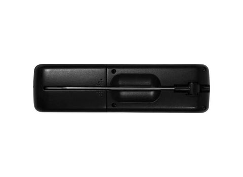 Black infrared thermometer with probe for grilling and BBQ, back view showcasing the sleek design and storage for the probe.