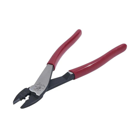 Cutting And Crimping Tool For 10 22 AWG Terminals And Connectors Insulated And Non Insulated With Tapered Nose For Tight Spaces Durable Wire Cutter Made In USA All In One Pro Grade Crimper And Cutter with red handles, angled view