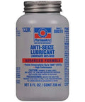 Front view of Permatex 80078 anti-seize lubricant bottle, 8 oz, gray plastic container with blue label and metal cap